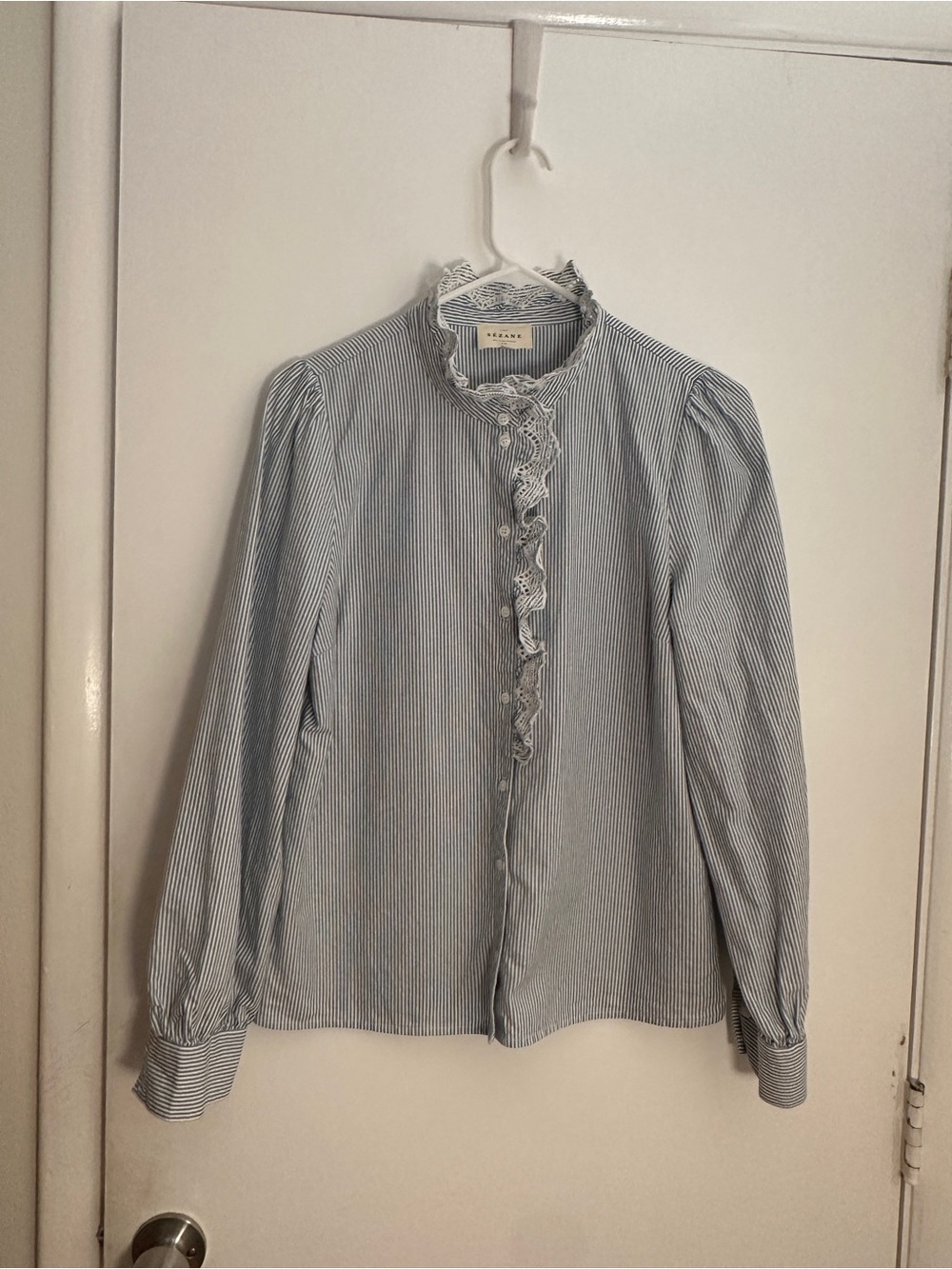 Sezane Chlo Ruffle Front Blouse in Blue and White